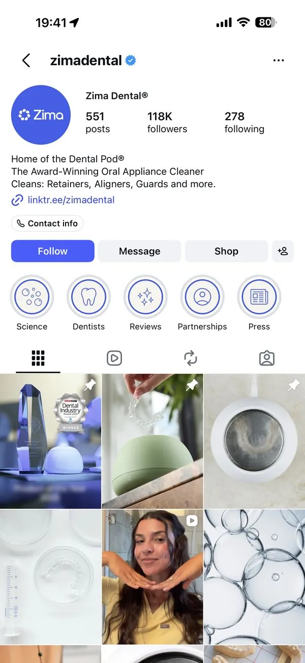Zima Dental Instagram profile